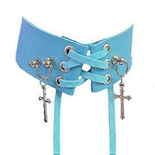 Punk Nahka Choker Kaulakoru Seksikäs Nyöritys Risti Kaulus Kaulanauha Goottilainen Solisluuketjun Kaulakoru Naisille Tytöille Sininen