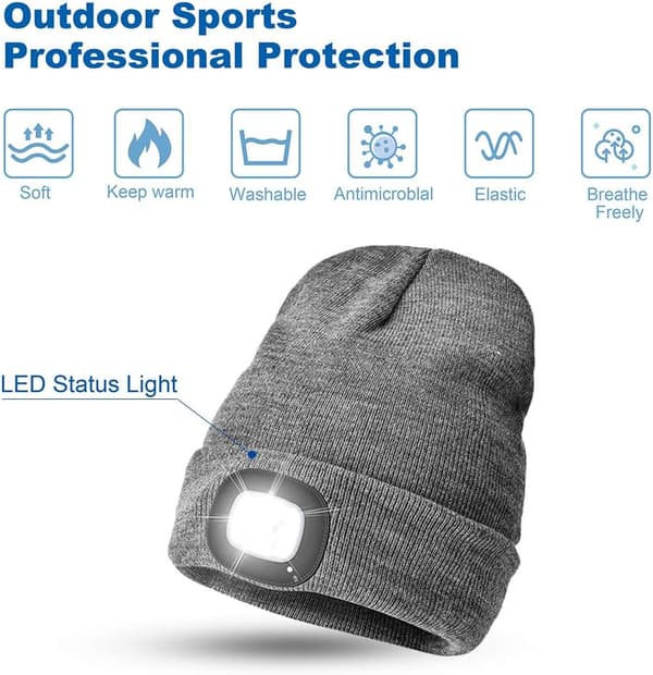 LED-lue med lys, Unisex oppladbar LED hodelyktlue, Grå