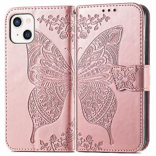 Fjäril Kärlek Blomma Läderfodral För iPhone 13 mini Rose Gold
