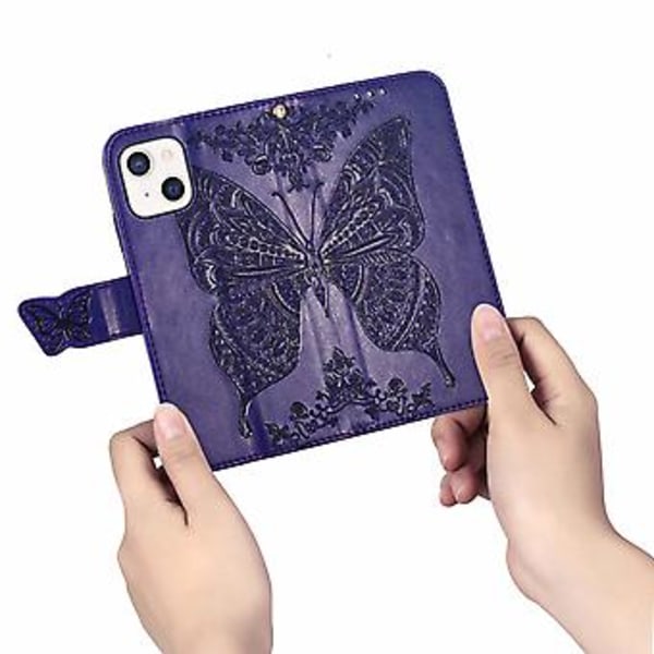 Fjäril Kärlek Blomma Läderfodral För iPhone 13 mini Dark Purple