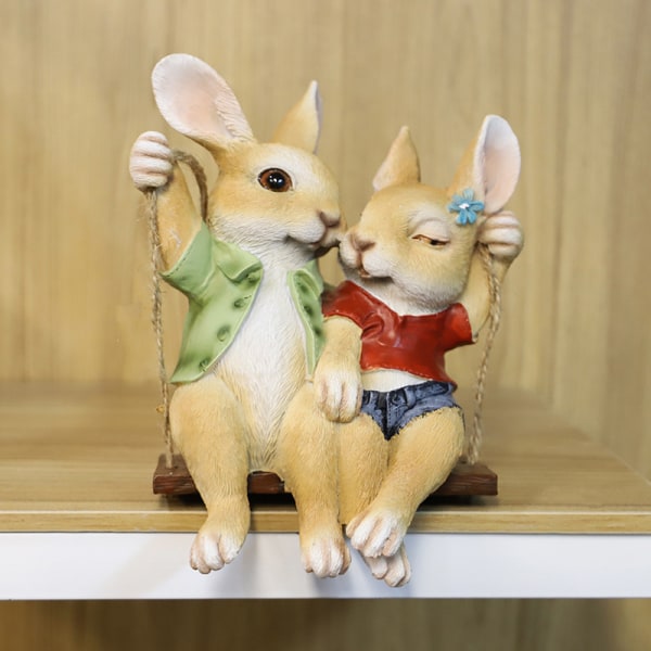 Swing Rabits Par Staty, Resin Figurine, Animal Sculpture for