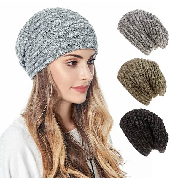 1 stk. Vinterhue til unisex ensfarvet uld strikket hue kvinder udendørs varm plus fløjl hue beanie turban grå