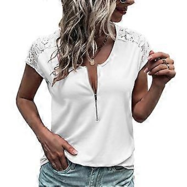 Dame Glidelås V-hals Blonde Heklet Øyelett Topp Kortermet Casual Skjorte Pustende Ren Farge Hvit XXL