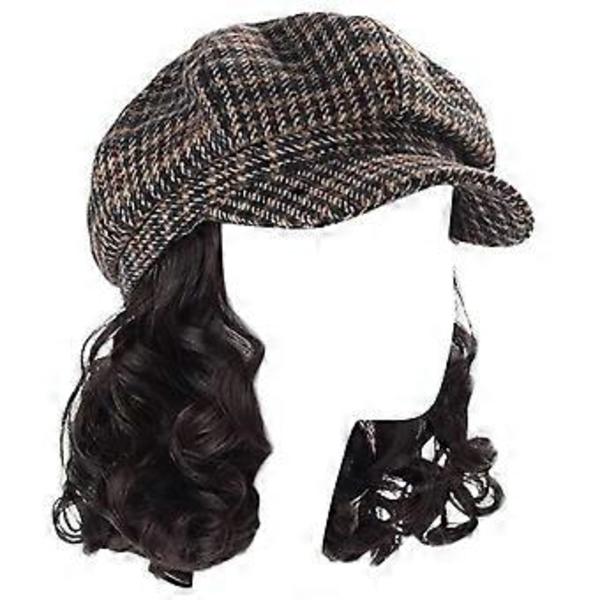 Tyylikäs kahdeksan paneelin hattu, mukava Quick Styles -hattu realistisilla kiharoilla hiuksilla juhliin tai jokapäiväiseen elämään, ruskea musta brown black