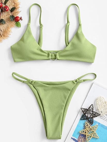 Kvinnors Ribbade O-Ring String Bikini Badkläder Cheeky Thong Badkläder