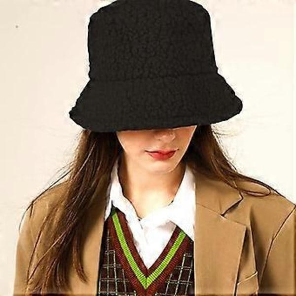 Vinter Fluffig Bucket Hat Fluffiga Varma Luddiga Päls Bucket Hats Vinter Varmare Fiskarmössa Lammull Fiskemössor för Kvinnor (Svart)
