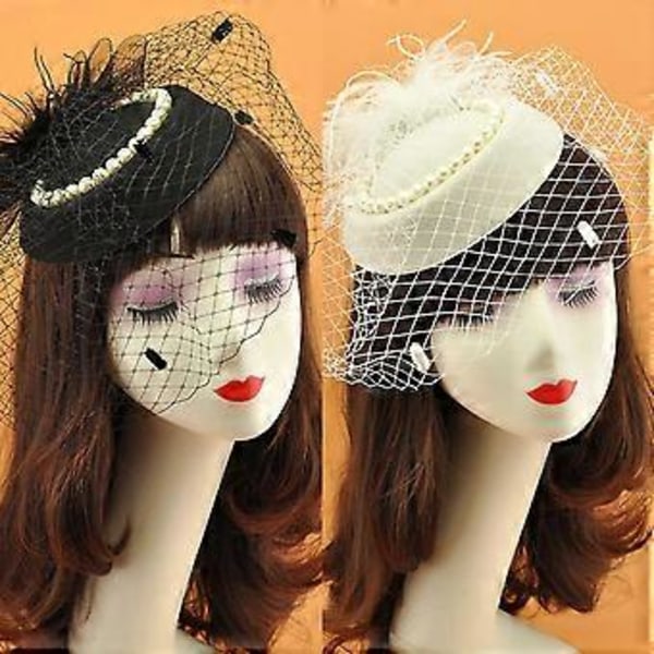 nät rosetter huvudbonad fjäder huvudbonad fascinator slöja pärla derby hatt huvudstycke (Svart)