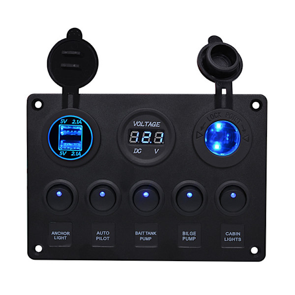 5Gang Multifunktions 5-Gang Rocker Dobbelt USB-lader + Digital Voltmeter