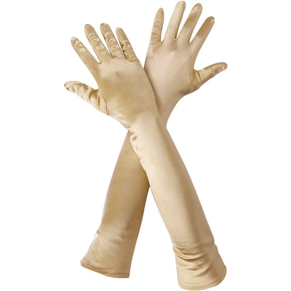 Guld Färg Damhandskar Lång Handske Satin Aftonhandske Lång Armbåge P