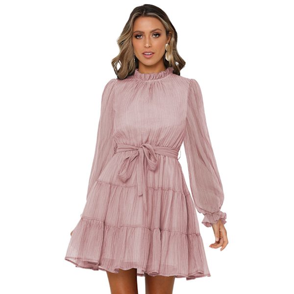 Kvinders Langærmet Ruffle Rund Hals Elastisk Talje Binde Casual Kort Mini Swing Kjole，XL