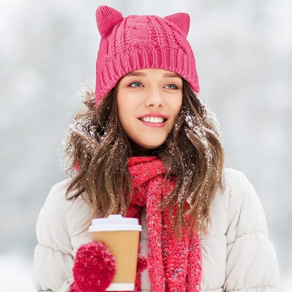 Cat Ear Beanie Hat-Rose Röd Söt Cat Stickad Hat Winter Knit Cab