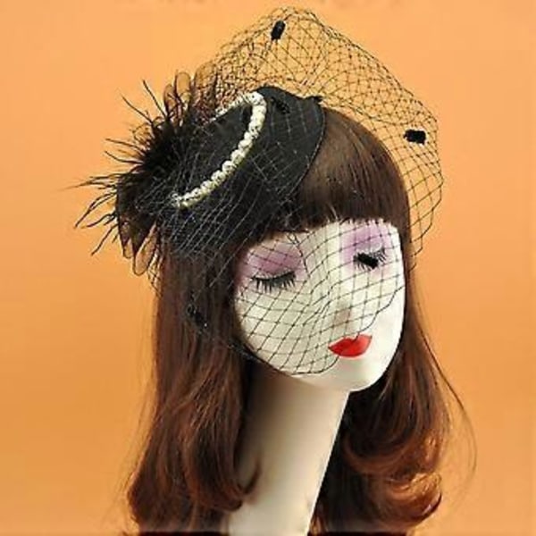 nät rosetter huvudbonad fjäder huvudbonad fascinator slöja pärla derby hatt huvudstycke (Svart)
