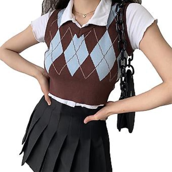 Vintage Rutig Tröjväst Dam V-ringad Ärmlös Tank College Stil Stickade Toppar för Vardag()