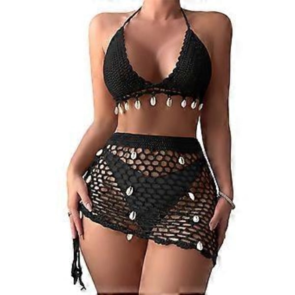 Dame 2-delt Strand Badedragt Muslingeskaller Hæklet Halter Bikini Badedragt med Sarong Strandtøj Sort M Black M