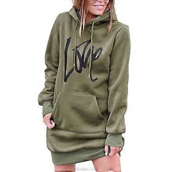 Langermet hettegenser kjole dame avslappet ribbestrikket mansjett snøring trykt genser sweatshirt med lomme