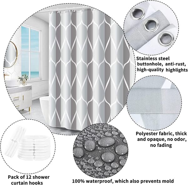 Dusjforheng 180 x 180 cm Polyester med 12 ringer, Anti-muggen