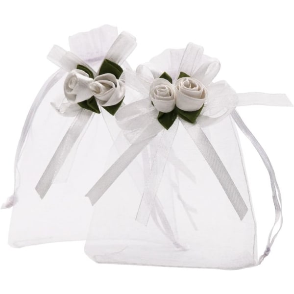 50 stk. Hvide Rose Organza Gaveposer, 4x4 7/10 tommer Bryllup Gunst G