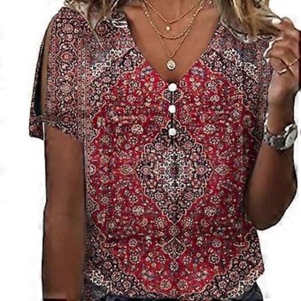 Dame Bluse Knapp V-hals Kort Erme Kald Skulder Stilig Casual Dame Topp for Sommer Rød XL