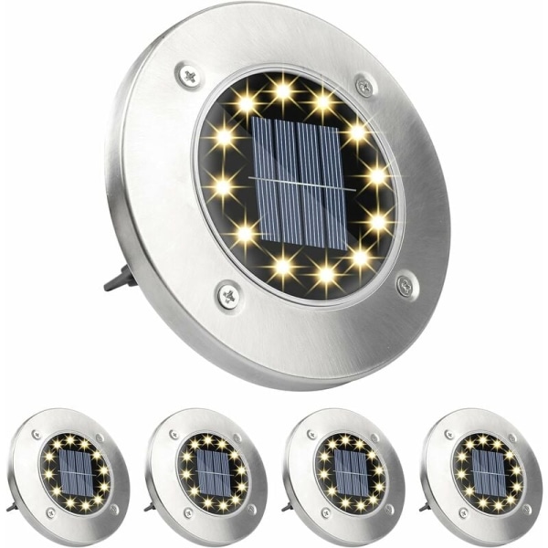 Solcellslampor för marken, 4-pack, 12 LED varmvit, rostfritt stål,
