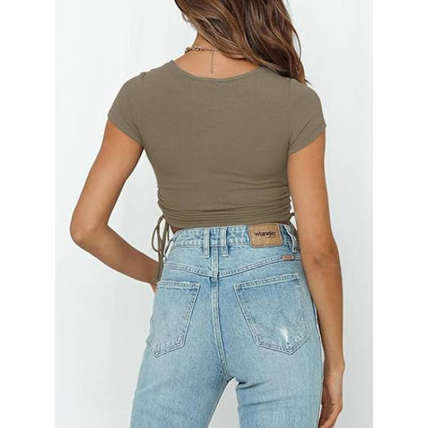 Naisten Kesäinen Söpö Lyhythihainen Ryppyinen Nauhakiristys Rib-Neule Treeni Crop Top T-paita XL