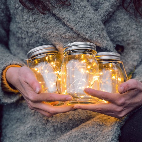 Solcellslykta i glasburk | 3 stycken | 20 LED-lampor | Bords- eller