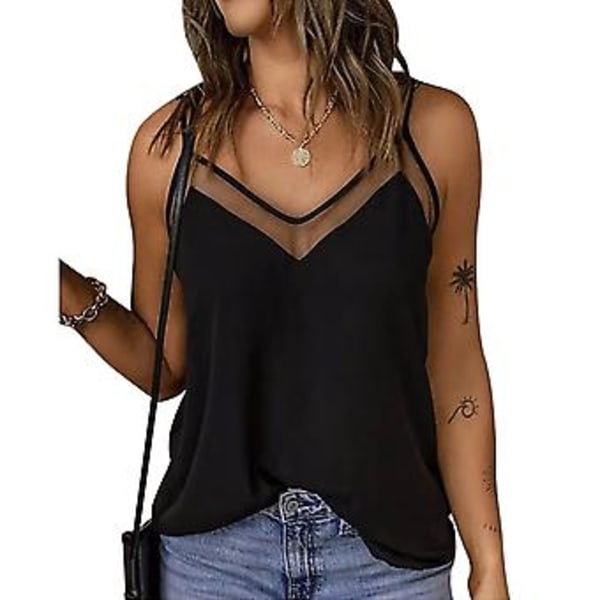 Dame Sommer Topp Casual Spaghetti Stropp Ermeløs V-hals Gjennomsiktig Mesh Ensfarget Skjorte Topp (XXL Svart) Black XXL