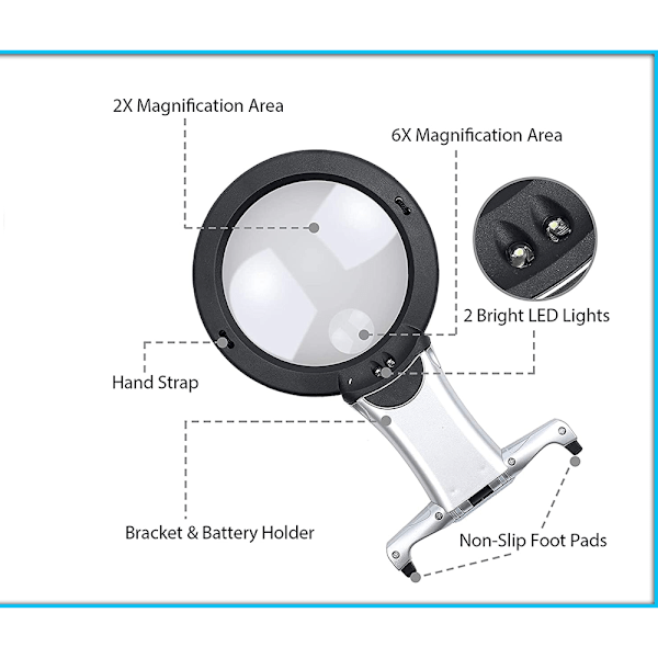 2 i 1 handsfree jätte läsförstoringsglas med LED-ljus 22,2 x 1