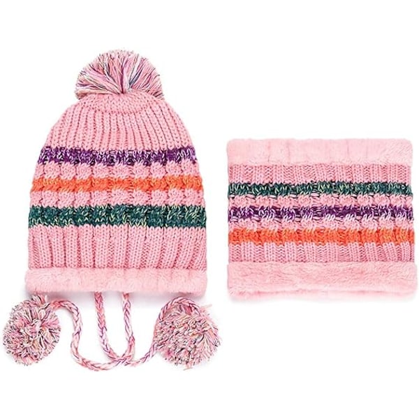 Rosa mössa+halsduk set dam stickad mössa halsduk set vinter varm tjock