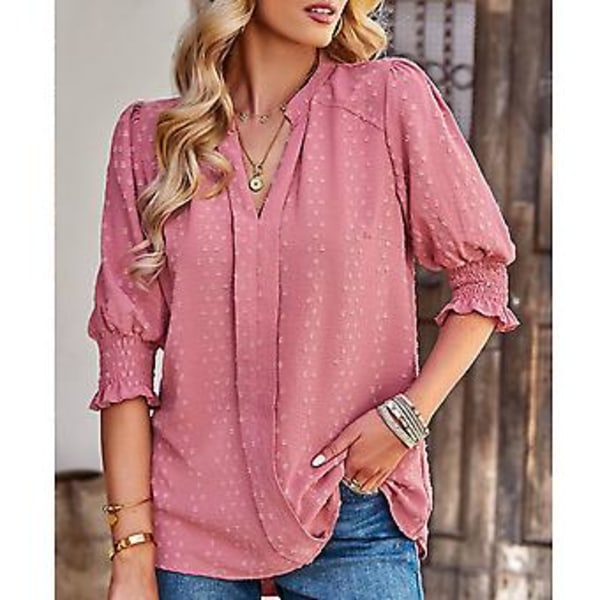 Dam Halv Ärm V-ringad Topp Elegant Trendig Enfärgad Puffärm Elastisk Rynkad Manschett Skjorta Blus (MPink) Pink M