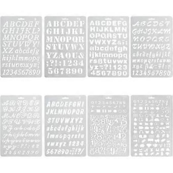 Set med 8 Schabloner Siffror och Bokstäver Alfabet Schablon Återanvändbar Flexibel Versal Gemener Tecken 1–3 cm för Scrapbooking Födelsedagskort