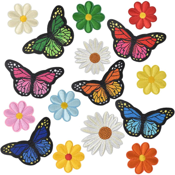 16 stk. Blomsterbroderi Applikation Applikation Sy-på Patches Butterf