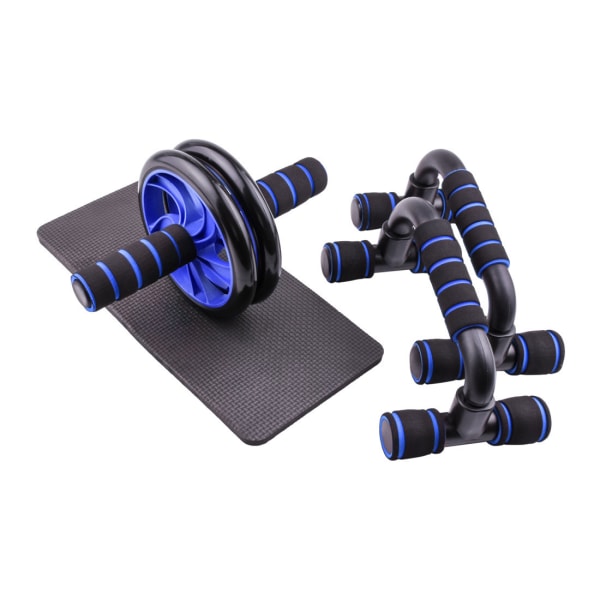 Blått treningsutstyr, magehjul + push-up støtte treningssett