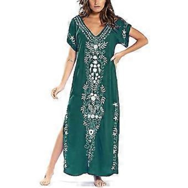 Dame Broderi Kortærmet Bikini Badedragt Cover Up Side Split Strandkjole (style1513)