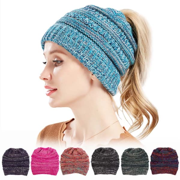 Eksklusive BeanieTail Dame Lue Hestehale Lue - Blå/Beige Rotete
