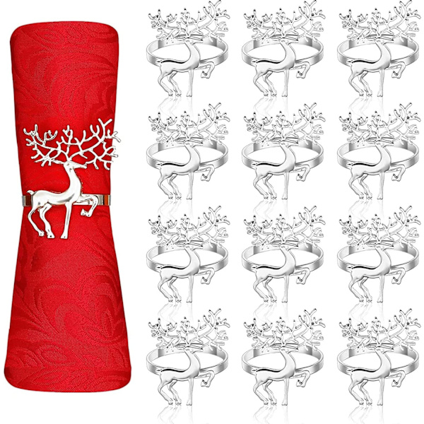 12 st julren-servettringar, 6 cm silverälg-servetthållare