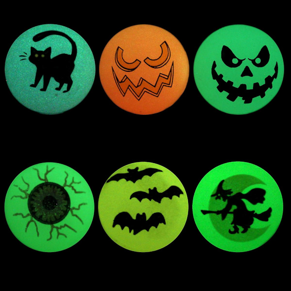 72 Hämärän hohtavat pomppupallot 1,25” | 6 Halloween-teemaista desiä