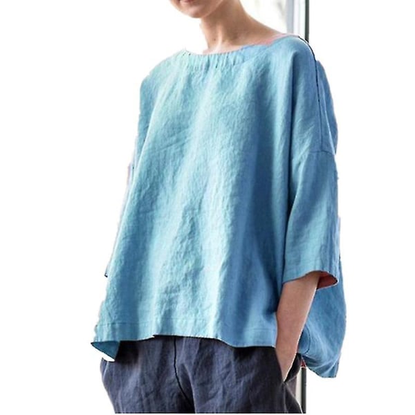 Puuvillapellavapaidat naisille Vintage Pyöreä kaula-aukko Kiinteä lyhythihainen.XXL.Sininen