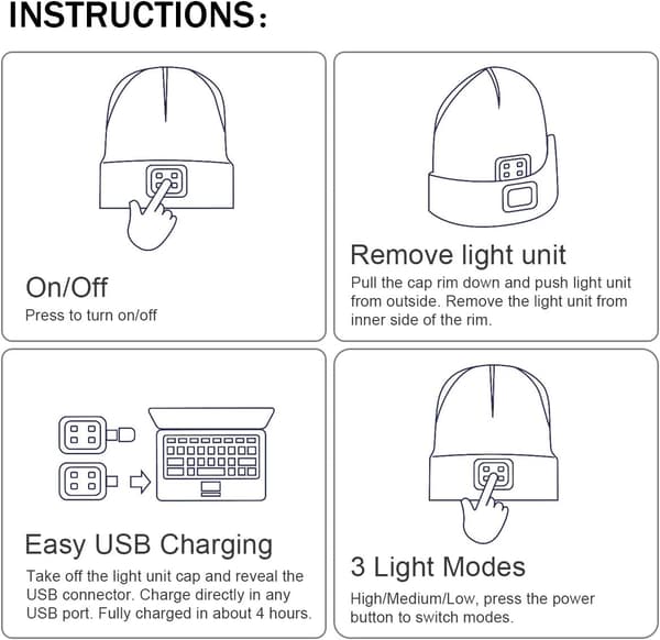 LED Hue med Lys - Sort, USB Genopladelig Håndfri 4 LED H