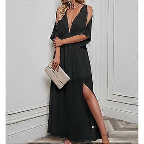 Lang kjole for kvinner, dyp V-hals, lett chiffon, høy splitt, elegant sommerkjole for damer