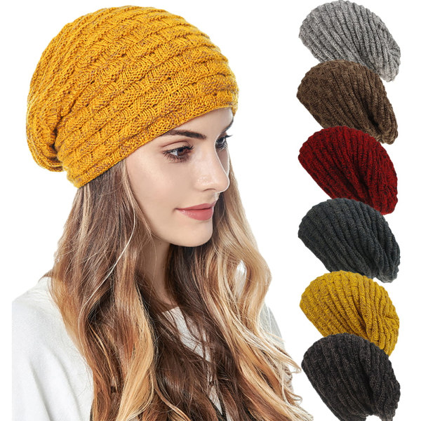 Inkiväärinkeltainen naisten neulottu hattu, villavuorattu neulottu talvihattu