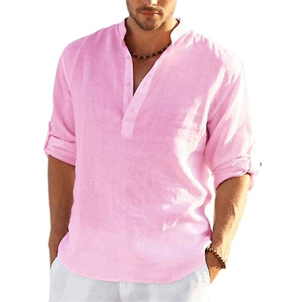 Långärmad linneskjorta för män, casual i bomull och linne, S-5xl Top.M.Pink