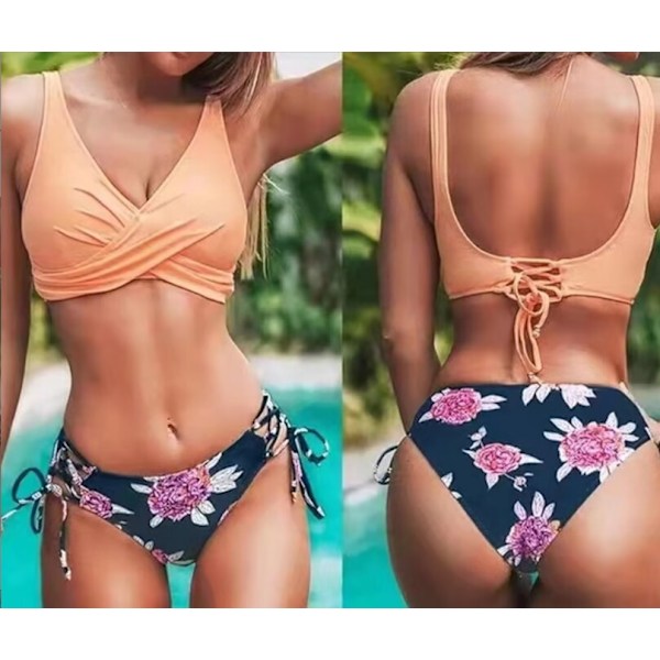Naisten bikinit uimapuku, edessä ristikkäissidonta, kaksiosainen uimapuku, oranssi, M