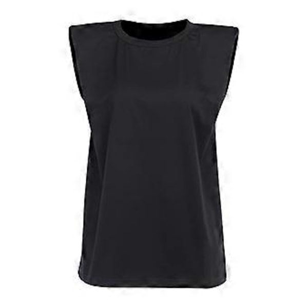 Lös Slim Tank Top för Kvinnor, Enfärgad Bomull, Ärmlös Väst, Rund Hals, Axelvaddar, T-Shirts Svart (stil5555)