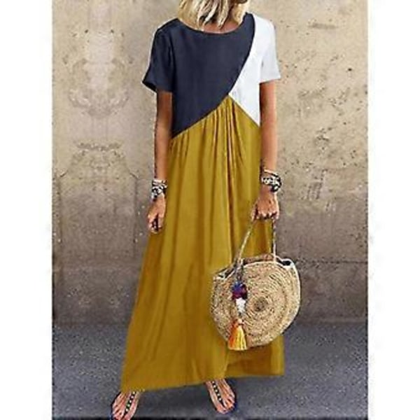 Dame Farveblok T-shirt Kjole Kortærmet Maxikjole Afslappet Løs Lang Maxikjole Strand Lang Kjole Swing Kjole brun L brown L
