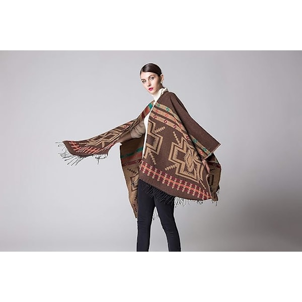 Kahvi Cashmere Poncho Wrap kukkakuvioilla ja hapsureunoilla