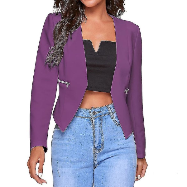 Dam Långärmad Mini Blazer Kostym Jacka Casual Office Cardigan Bolero Shrug.M.Purple