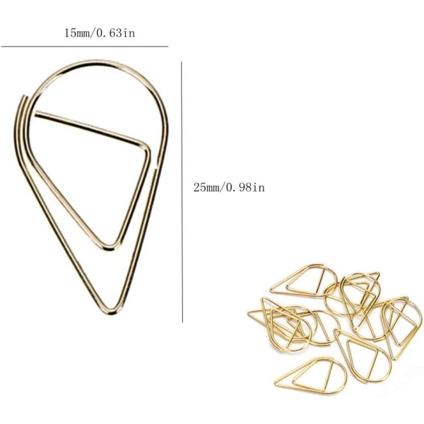 50pcs Gold Paper Clip, Water Drop Shape Paper Clips Metal Bookmar