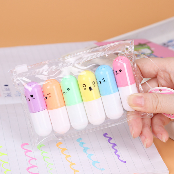 6 st/set Mini pillerformade highlighterpennor för att skriva söt ansikte