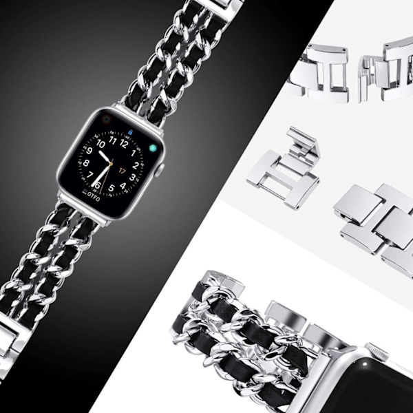 Musta hopeinen 38/40/41mm, rannekoru Apple Watch -sarjaan 9/sarjaan