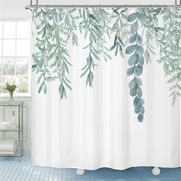 Grønt blad dusjforheng, vår salvie grønn eukalyptus blad saftig rustikk akvarell floral baderom stoff med kroker 180*180CM